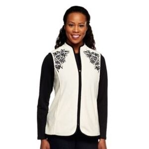 Christmas Susan Graver Embroidered Bead Floral Fleece Zip Vest Size L Vanilla